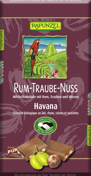 CZEKOLADA MLECZNA Z RODZYNKAMI, RUMEM I ORZECHAMI LASKOWYMI HAVANA BIO 100 g - RAPUNZEL