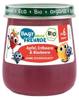 MUS JABŁKO - TRUSKAWKA - JAGODA BEZ DODATKU CUKRÓW BEZGLUTENOWY OD 6 MIESIĄCA BIO 120 g - FRECHE FREUNDE