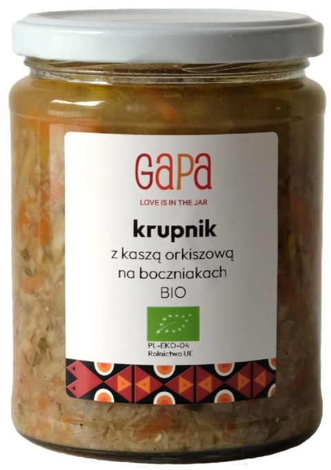 KRUPNIK Z KASZĄ ORKISZOWĄ NA BOCZNIAKACH BIO 450 g - GAPA