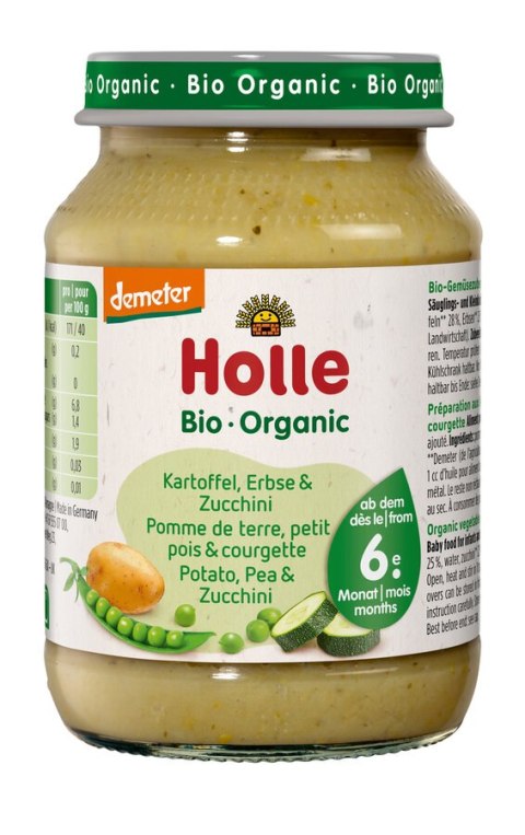 ZIEMNIAK - GROSZEK - CUKINIA BEZ DODATKU CUKRÓW BEZGLUTENOWE OD 6 MIESIĄCA DEMETER BIO 190 g (SŁOIK) - HOLLE