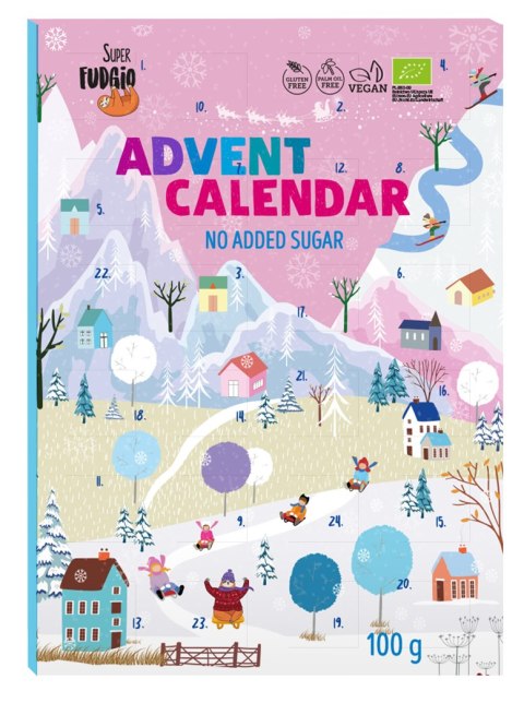 KALENDARZ ADWENTOWY (CZEKOLADKI BEZ DODATKU CUKRÓW BEZGLUTENOWE) BIO 100 g - ME GUSTO (SUPER FUDGIO) (PRODUKT SEZONOWY)