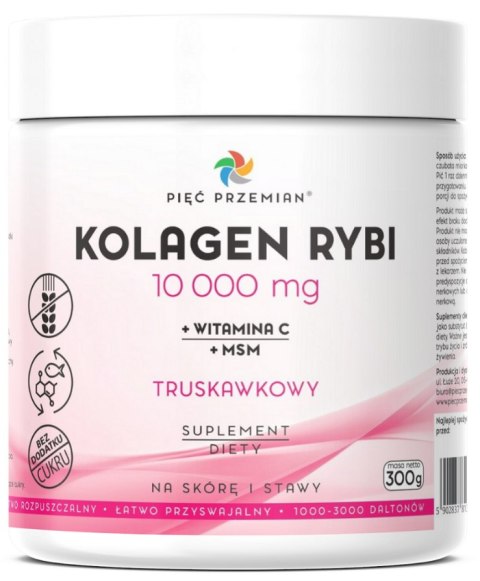 KOLAGEN RYBI + MSM + WITAMINA C TRUSKAWKOWY W PROSZKU BEZGLUTENOWY 300 g - PIĘĆ PRZEMIAN