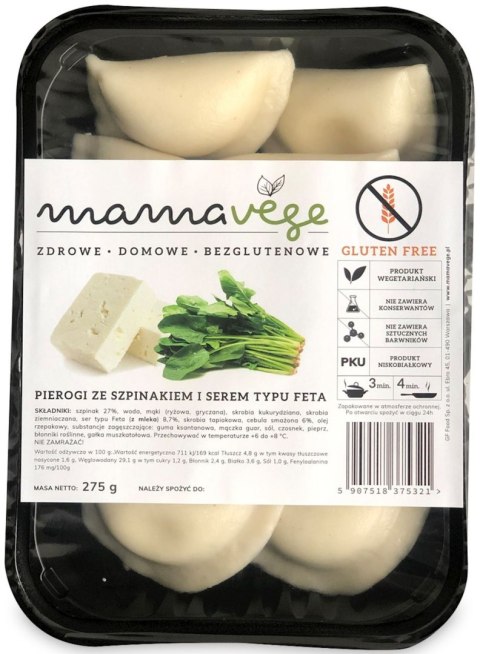 Przecena PIEROGI ZE SZPINAKIEM I SEREM TYPU FETA BEZGLUTENOWE 275 g - MAMA VEGE