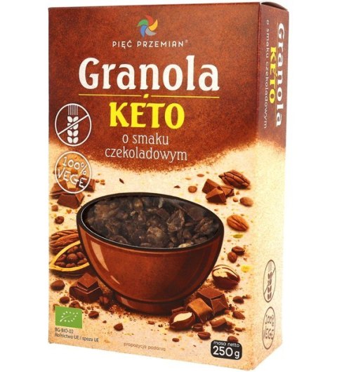 GRANOLA O SMAKU CZEKOLADOWYM BEZ DODATKU CUKRÓW BEZGLUTENOWA KETO BIO 250 g - PIĘĆ PRZEMIAN