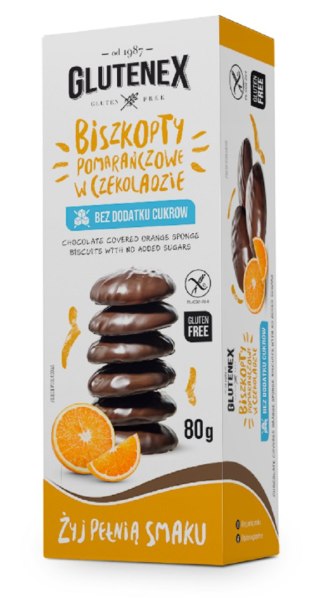 Przecena BISZKOPTY POMARAŃCZOWE W CZEKOLADZIE BEZ DODATKU CUKRÓW BEZGLUTENOWE 80 g - GLUTENEX