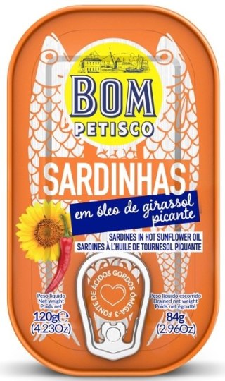 SARDYNKI PORTUGALSKIE W PIKANTNYM OLEJU SŁONECZNIKOWYM 120 g - BOM PETISCO
